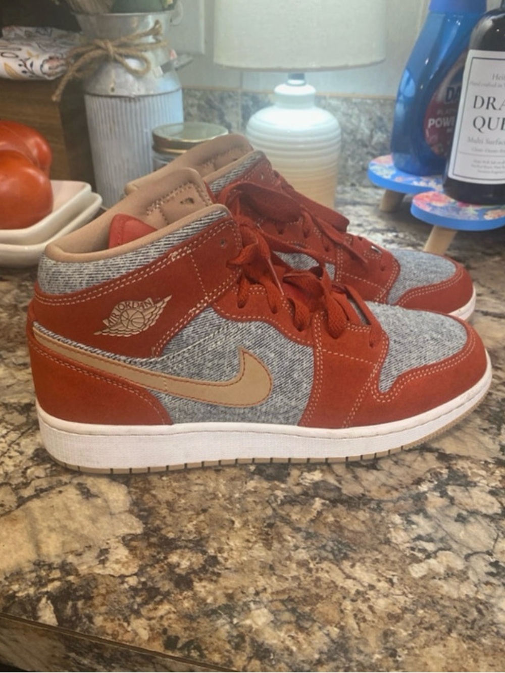 Red/Tan Denim Mid 1 Jordan’s Sneakers